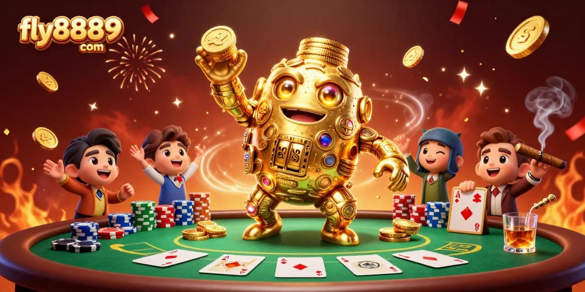 Experience the thrill of games at fly8889 com with vibrant illustrations showcasing poker excitement and golden golem characters.