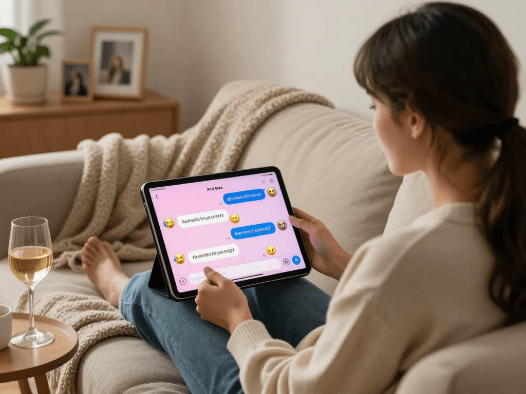 User enjoying an engaging ai sex chat on a tablet in a cozy setting with warm lighting.