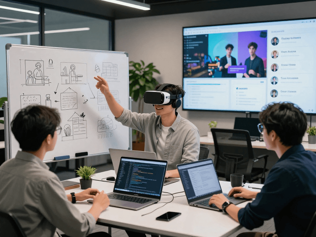 Innovative workspace showcasing AI roleplay development with tech professionals collaborating on code and simulations.