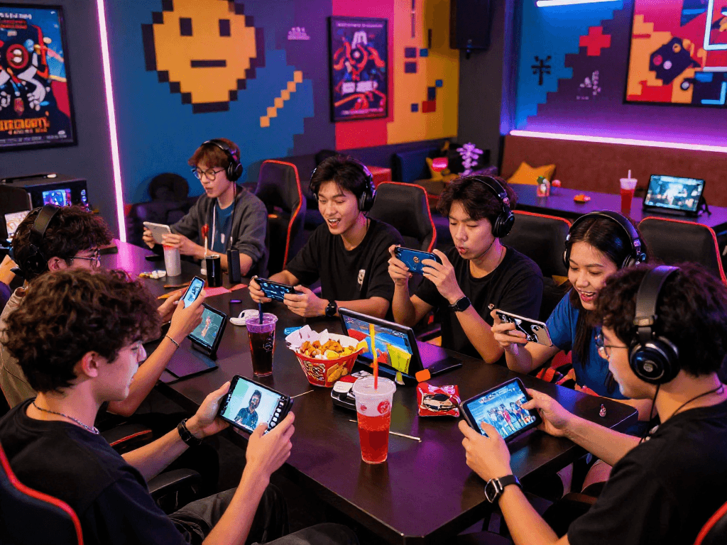 Engaged gamers playing transformation porn games on mobile devices in a vibrant gaming lounge with neon lights.
