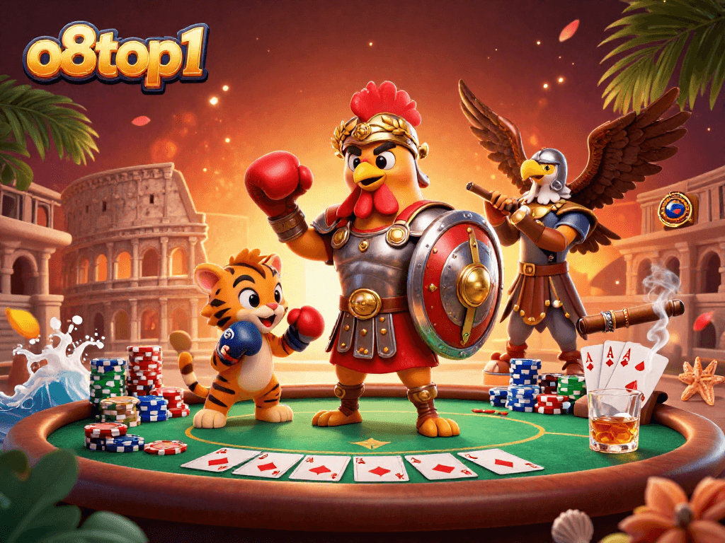 Engage in thrilling poker with o8top1 illustrated in vibrant, dynamic 3D casino scene.