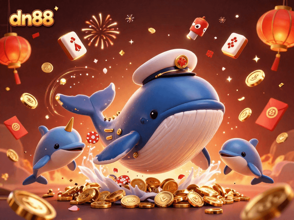 Experience exciting casino adventures with dn88, featuring a whimsical whale, dolphins, and golden treasures.