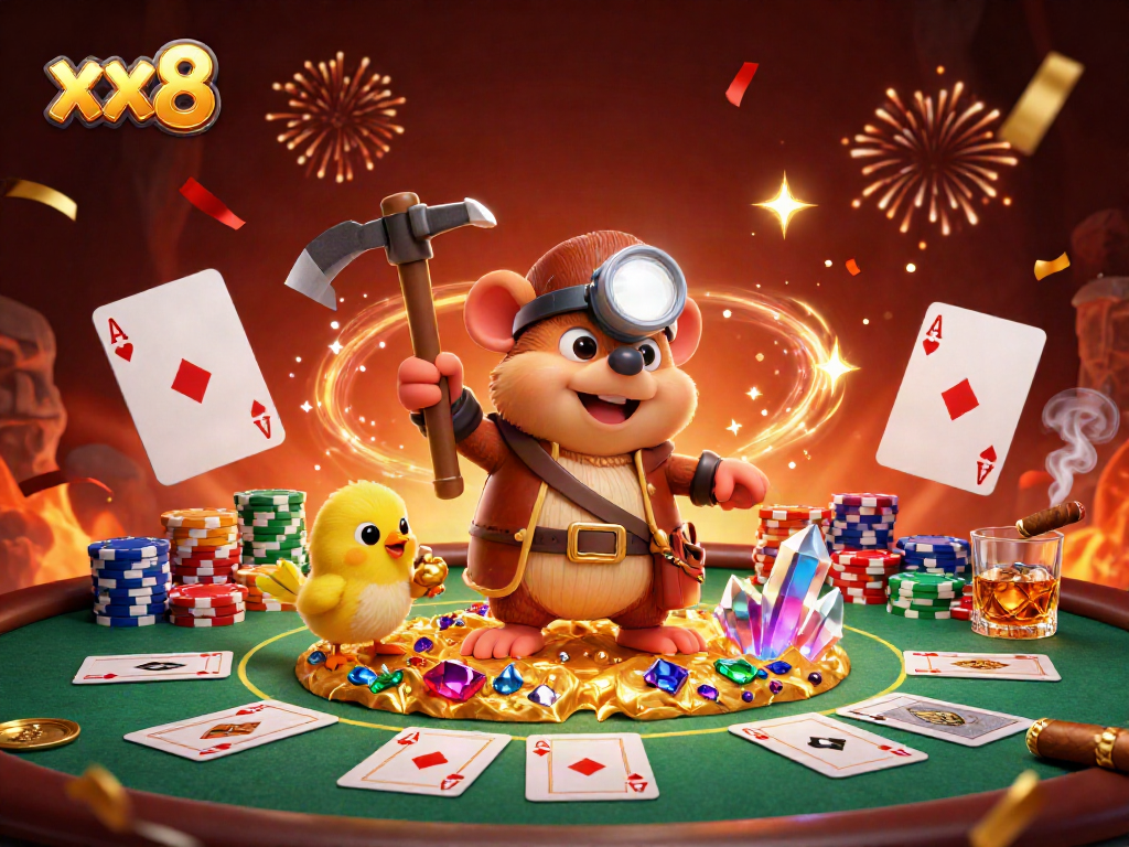 Engage with the xx8 gaming adventure featuring a treasure hunter mole and poker elements