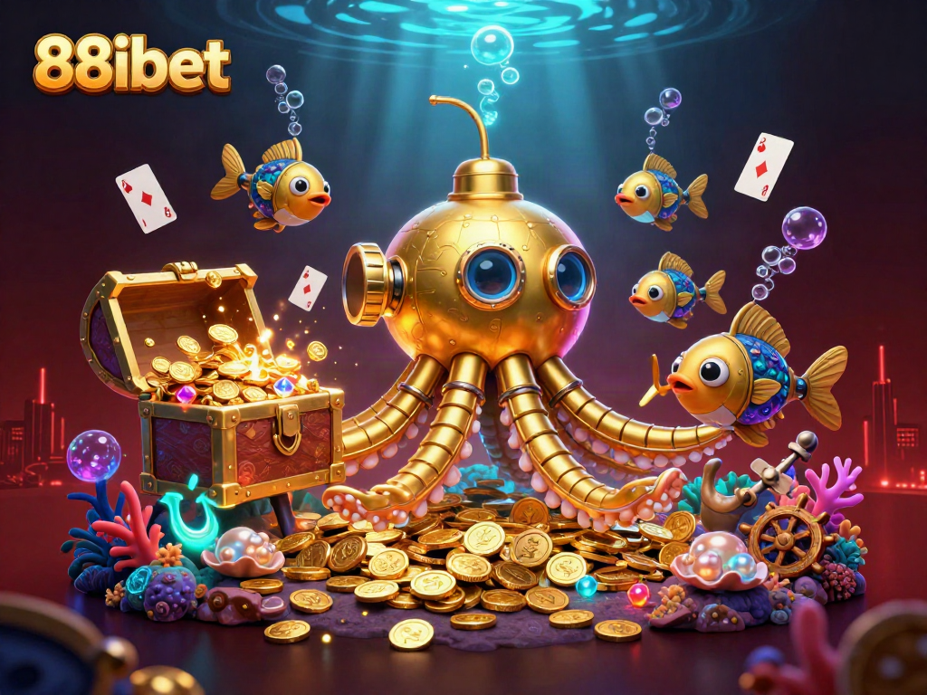 Experience thrilling wins with 88ibet in a vibrant underwater casino scene filled with treasure!