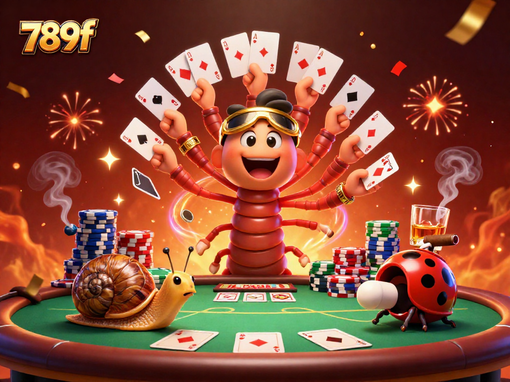 Engage with a thrilling 789f casino scene featuring a millipede dealer, colorful poker chips, and high-rolling snails.