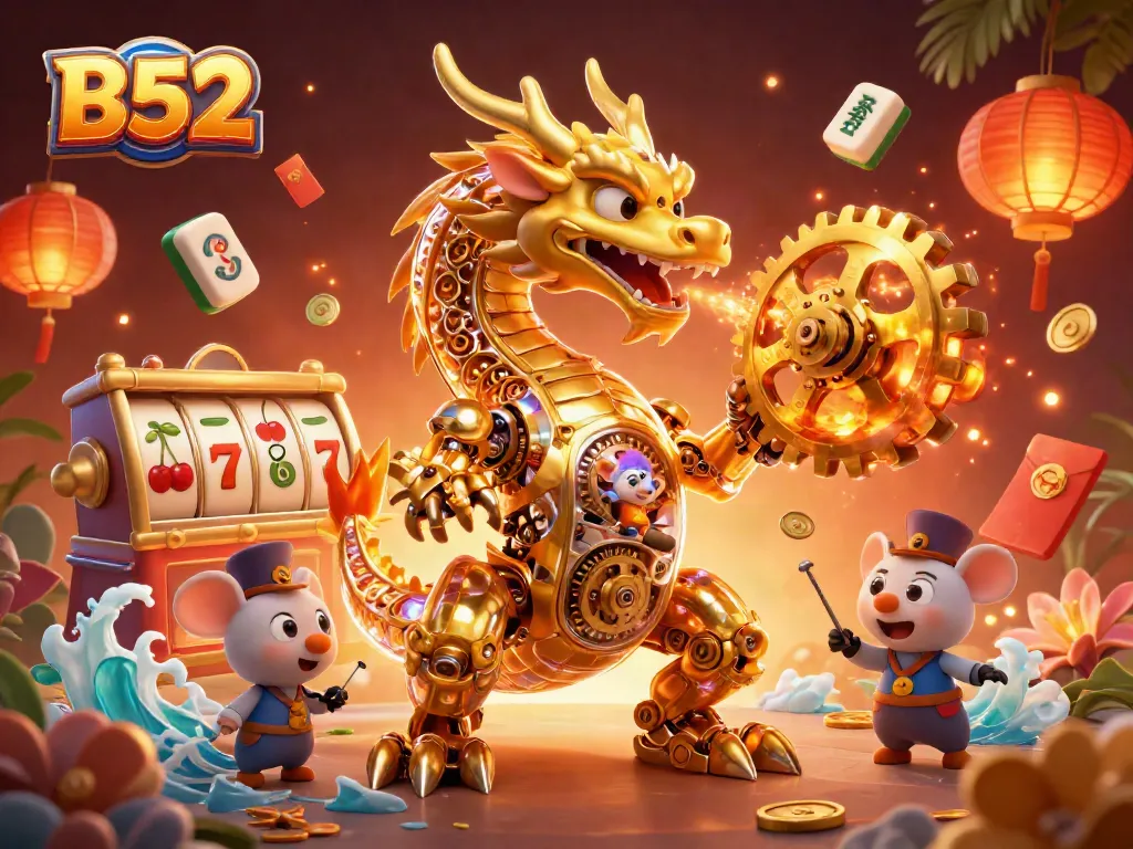 B52 players engaging with dynamic slot games and golden treasures in a vibrant, festive atmosphere.