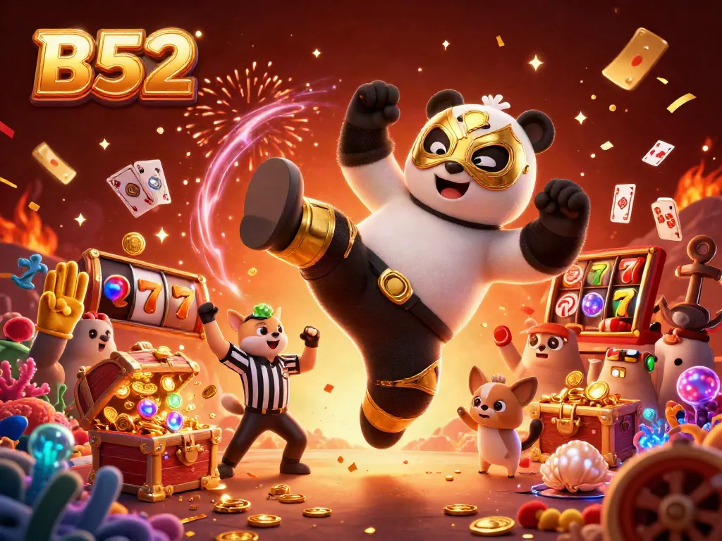 B52-themed illustration showcasing a panda wrestler amidst slot machines and a cheering animal crowd, emphasizing casino excitement.