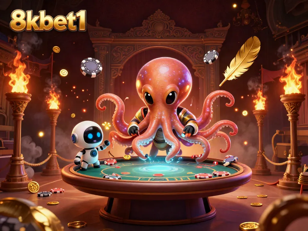 Engage with 8xbet1's thrilling gameplay featuring an alien octopus at a holographic poker table amidst swirling cosmic elements.