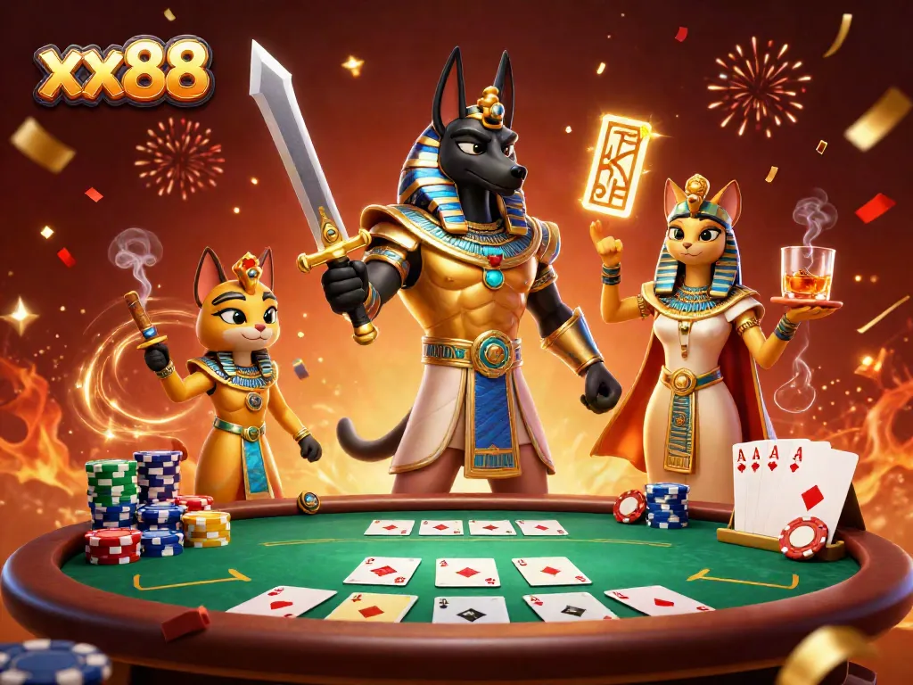 Boost your gameplay at xx88 with Anubis and Bastet gambling illustration, rich in detail.