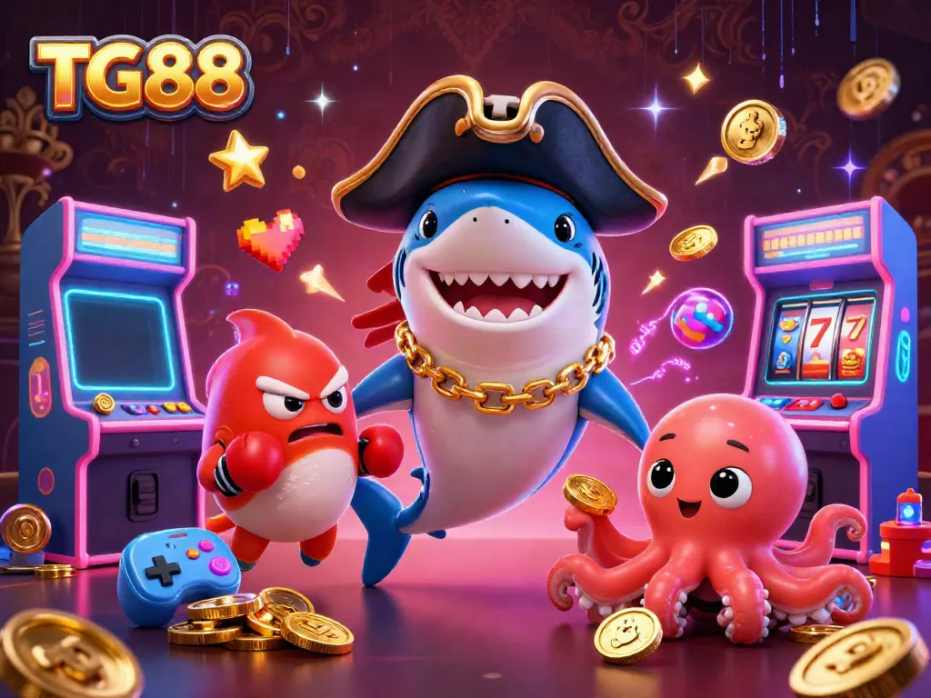 Engage with the thrilling casino world in TG88, showcasing vibrant gaming elements and lively characters.