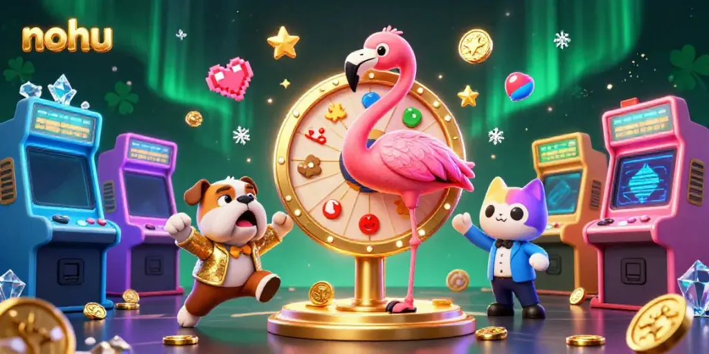Experience the excitement of nohu games with a dynamic scene featuring a flamingo host and vibrant casino elements.