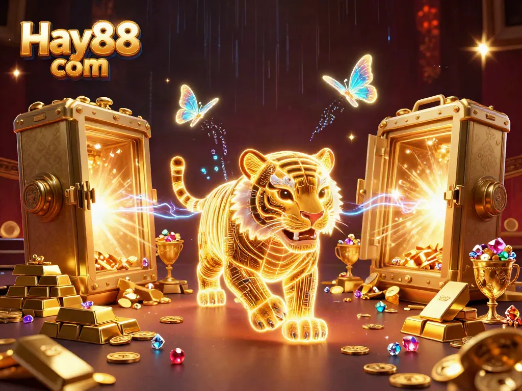 Engage with Hay88 com's thrilling digital casino adventure illustrated with a neon tiger and treasure.