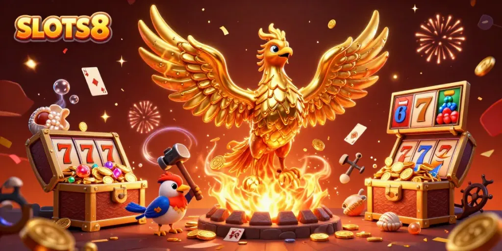Experience thrilling SLOTS8 action with golden phoenix and casino elements bursting with excitement.