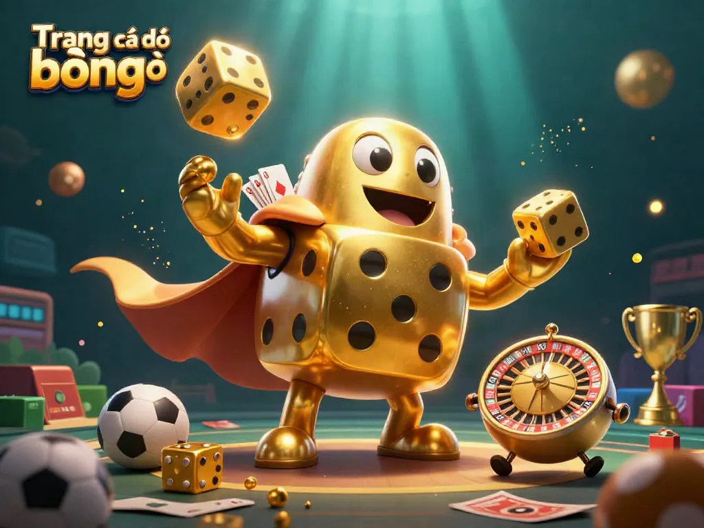 Engage in Trang cá độ bóng đá with a vibrant 3D illustration of a dice golem and sports elements.