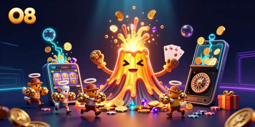 Experience thrilling wins with O8's immersive casino adventure featuring a golden volcano erupting treasure.