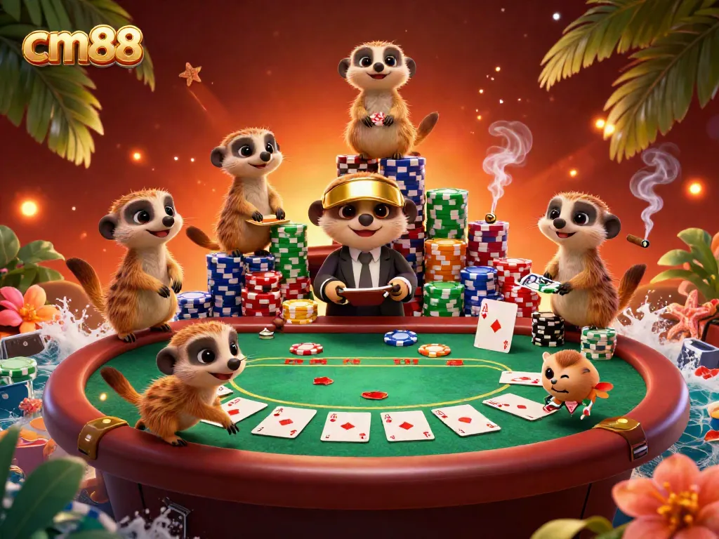 Engage with cm88 casino excitement as meerkats deal cards amidst vibrant poker chips and a lively atmosphere.