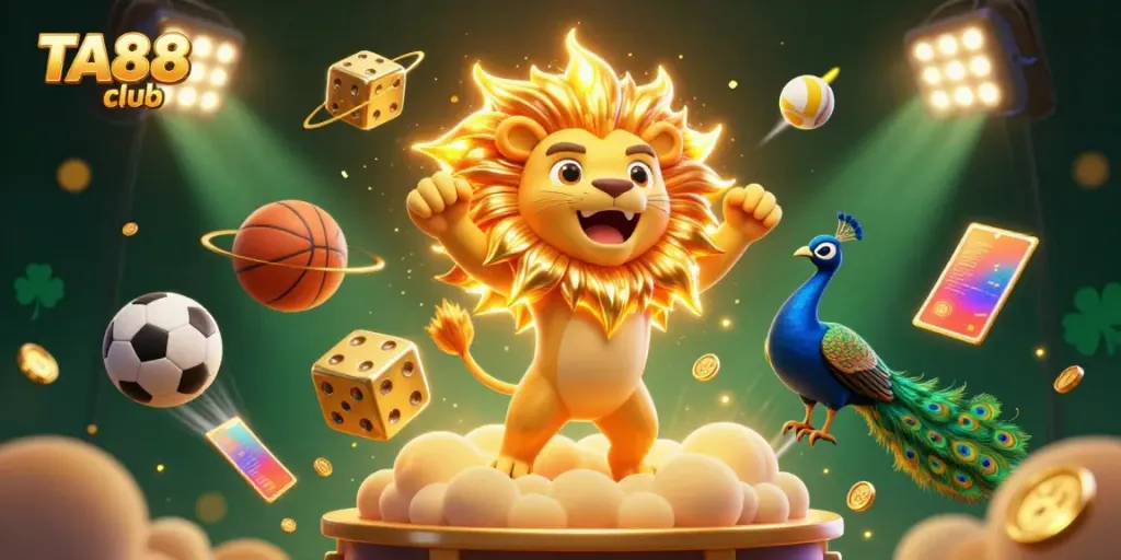Engage with the TA88 club experience featuring a roaring lion and vibrant sports elements in a lively casino scene.