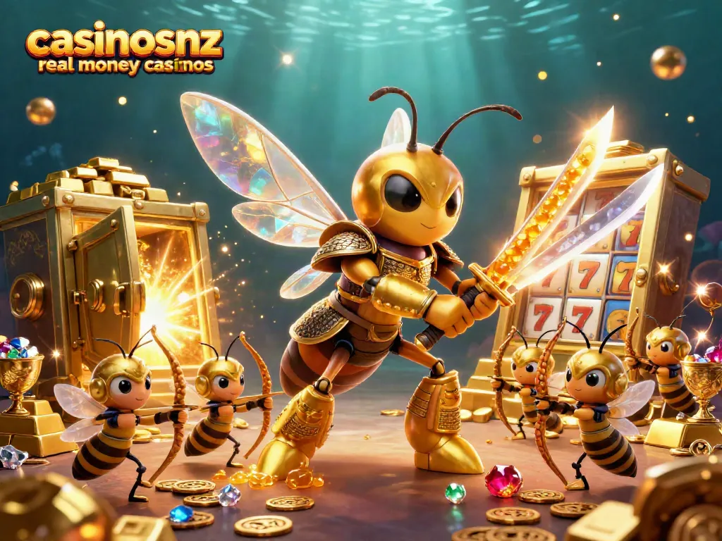 Experience thrilling gameplay at casinosnz real money casinos featuring vibrant slot reels and rich golden treasures.