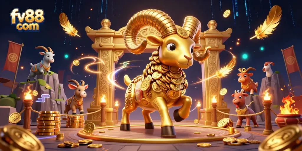Engage in thrilling gameplay at fv88 com, featuring a stunning 3D ram charging through a golden gate.