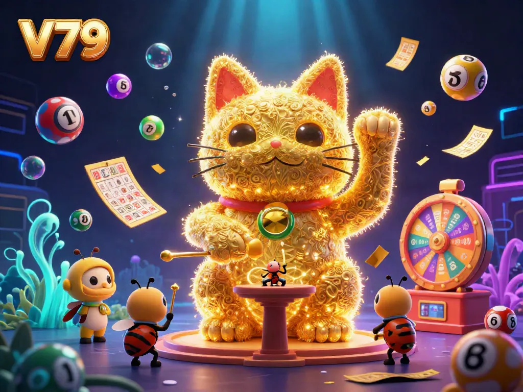 Engage with V79’s vibrant gaming scene as a lucky cat emerges surrounded by colorful casino symbols.