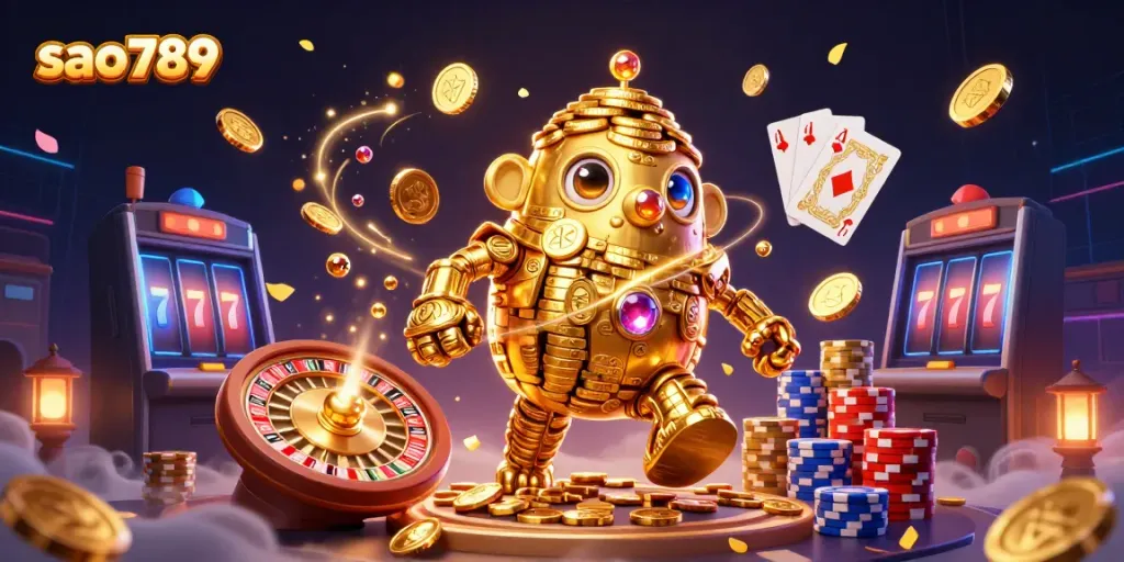 Sao789 features a golden golem and dynamic casino elements for an engaging gambling experience
