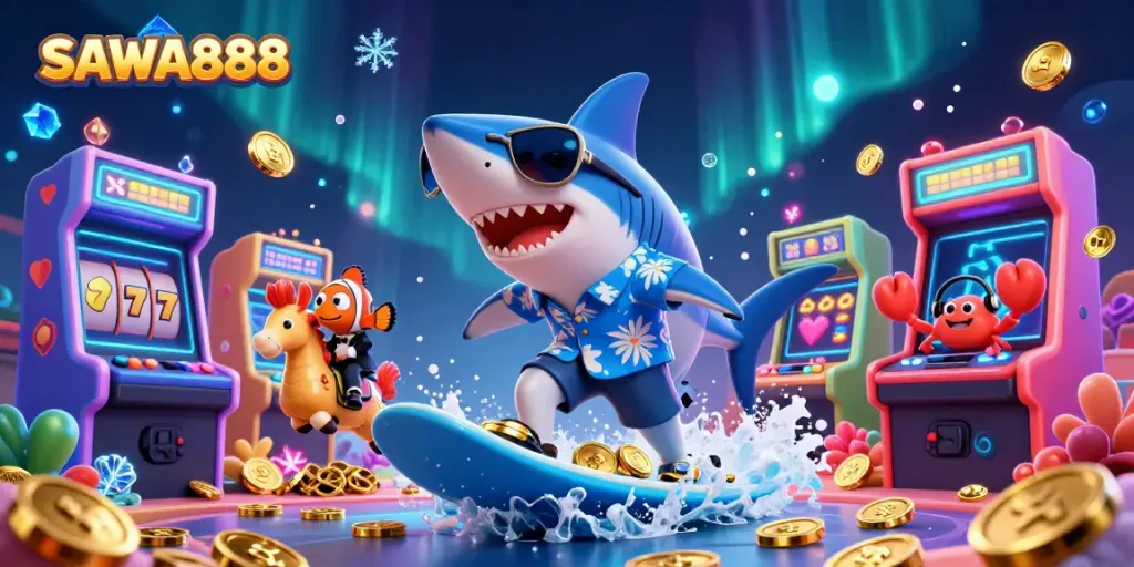 Join SAWA888's thrilling adventure with playful sea characters celebrating wins amidst a vibrant casino atmosphere.