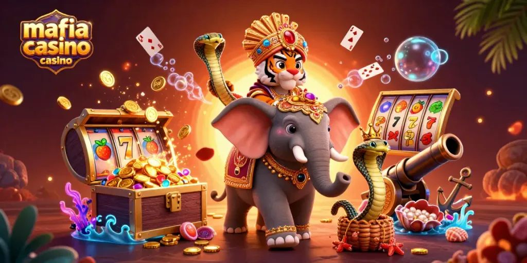 Mafia casino casino scene with a regal tiger and jewel elephant amidst slot elements and treasures.