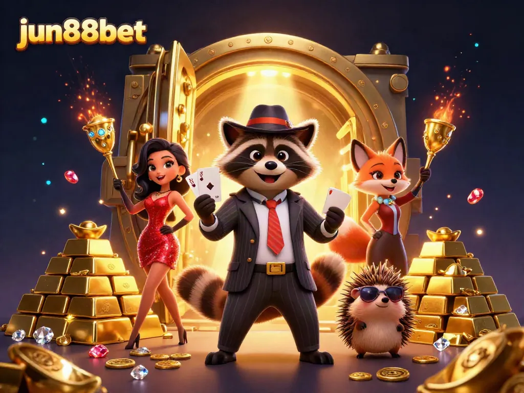 Experience thrilling action with jun88bet as a raccoon in a suit holds a winning poker hand.
