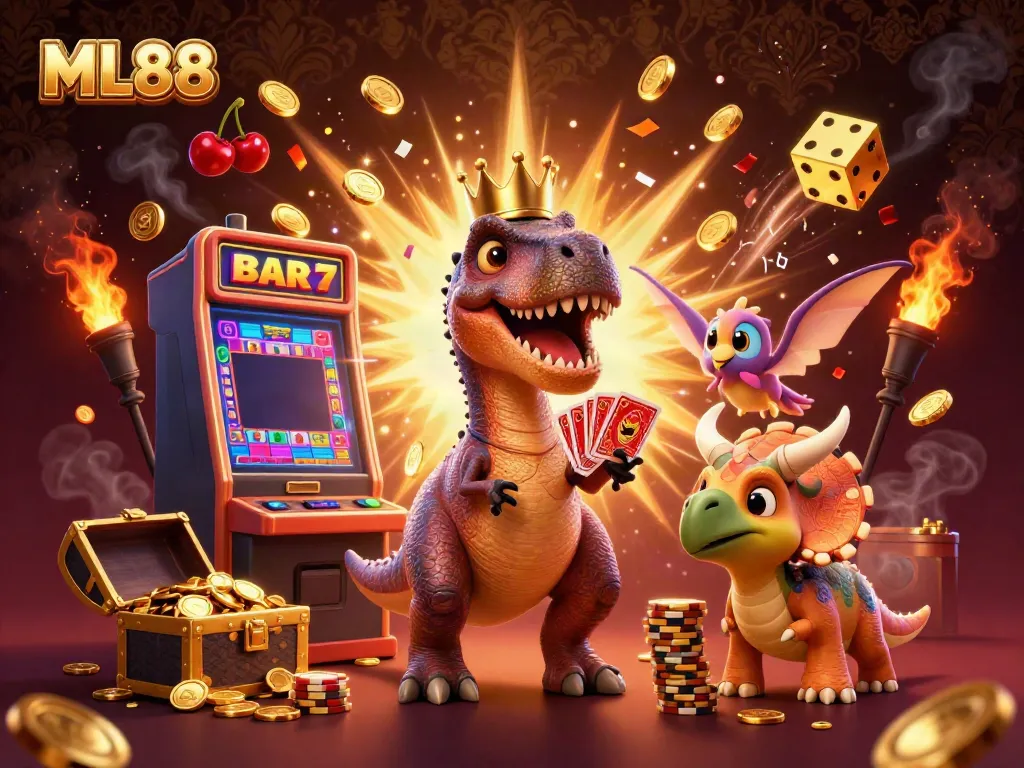 ML88's dynamic casino scene featuring a friendly T-Rex and colorful gaming elements.