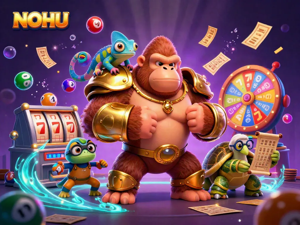 Engage in thrilling jackpots at NOHU with vibrant illustrations of slot reels and exciting casino elements.