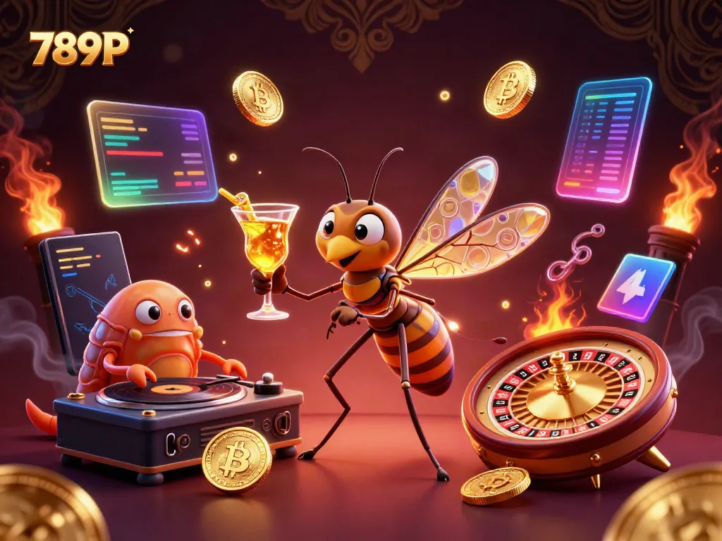 Engage with the vibrant 789P casino scene featuring a mosquito mascot and a trilobite DJ at a golden roulette wheel.