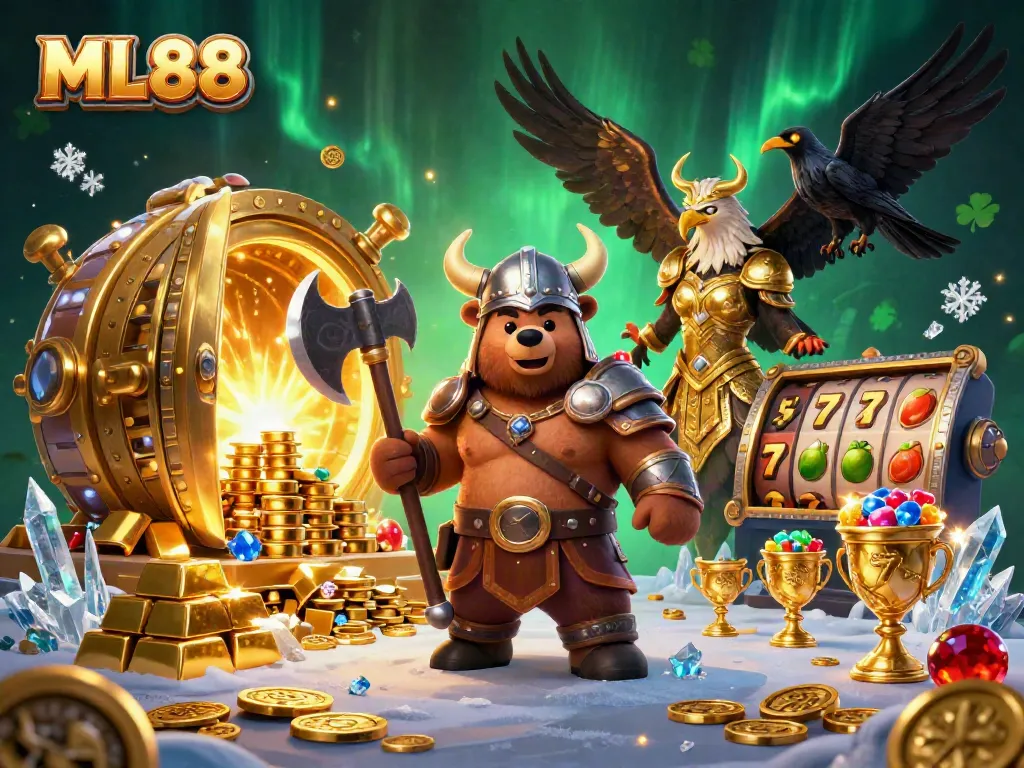 Experience thrilling casino action with ML88 featuring a Viking berserker and Valkyrie eagle amidst slot reels and treasure.