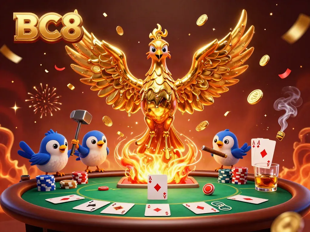 Witness the 3D golden phoenix symbolizing BC8's thriving gaming world with poker elements surrounding it.