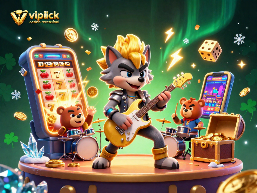 Esplora le recensioni di VIPLuck casino con questa illustrazione coinvolgente di un lupo rockstar.