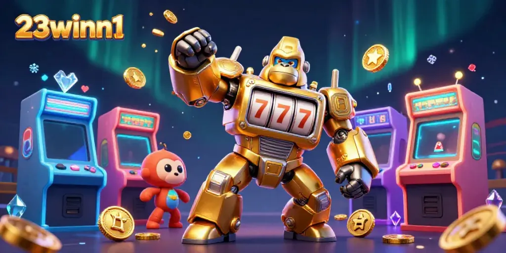Players enjoy thrilling slots at 23winn1, represented by an exciting golden gorilla mech illustration.