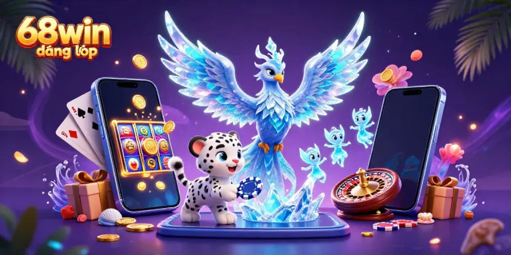 Engage in thrilling slots with colorful elements in this 68win đăng nhập themed illustration.