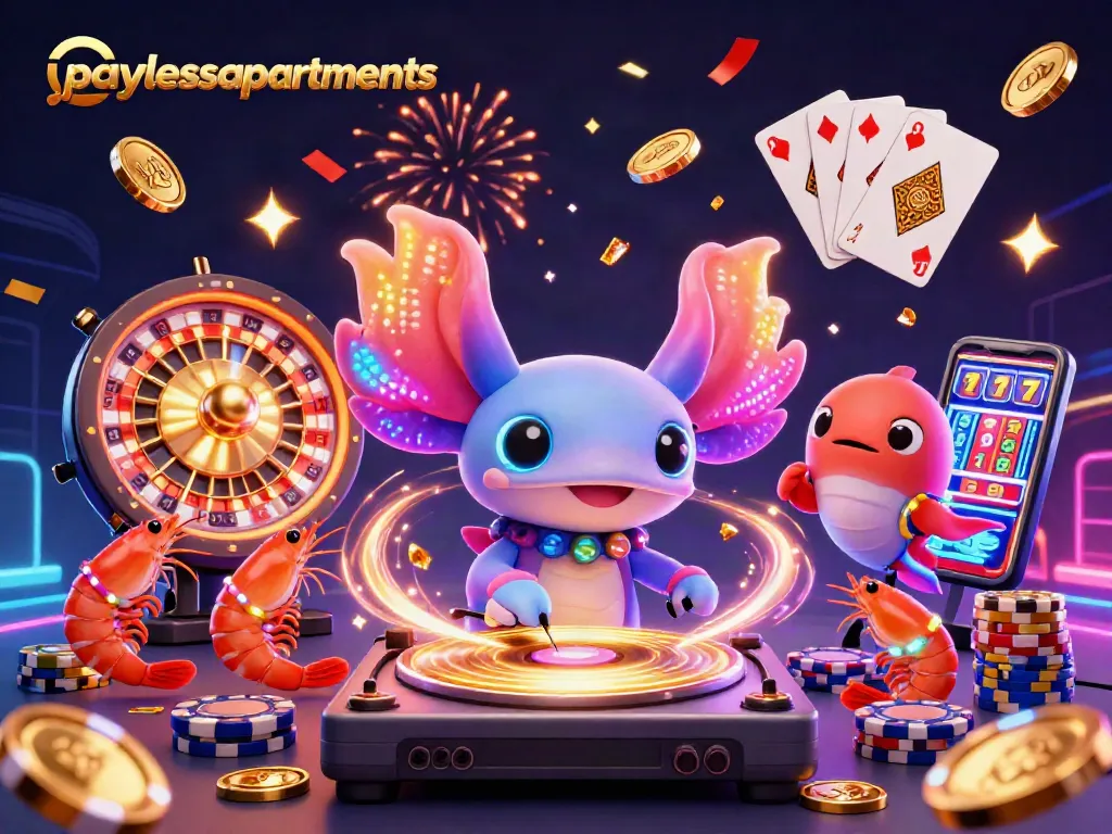 Engage in gaming excitement with paylessapartments as axolotl DJ and friends create a vibrant casino scene.