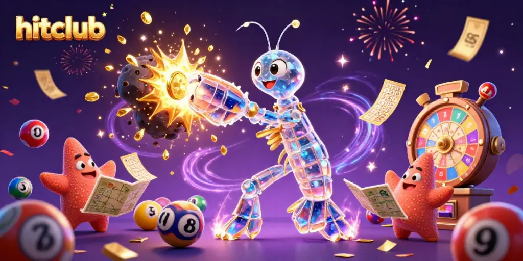 Experience thrilling gameplay at hitclub with vibrant lottery balls and explosive gems in a lively casino scene.