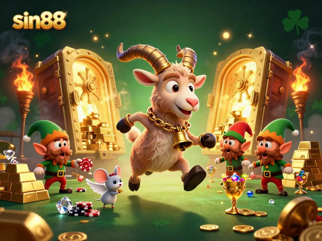 Engage in the thrilling world of sin88, where festive characters handle casino chaos amidst golden treasures.