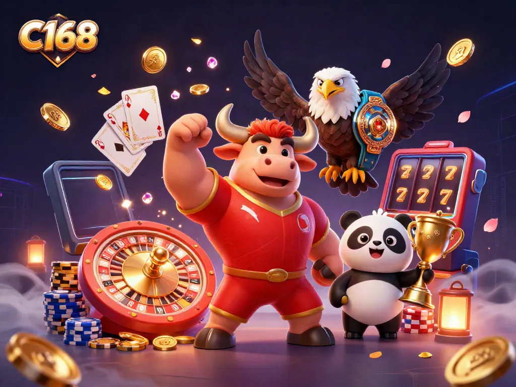 C168 engages players with a vibrant casino scene featuring a bull mascot, eagle, and panda amidst cascading coins.