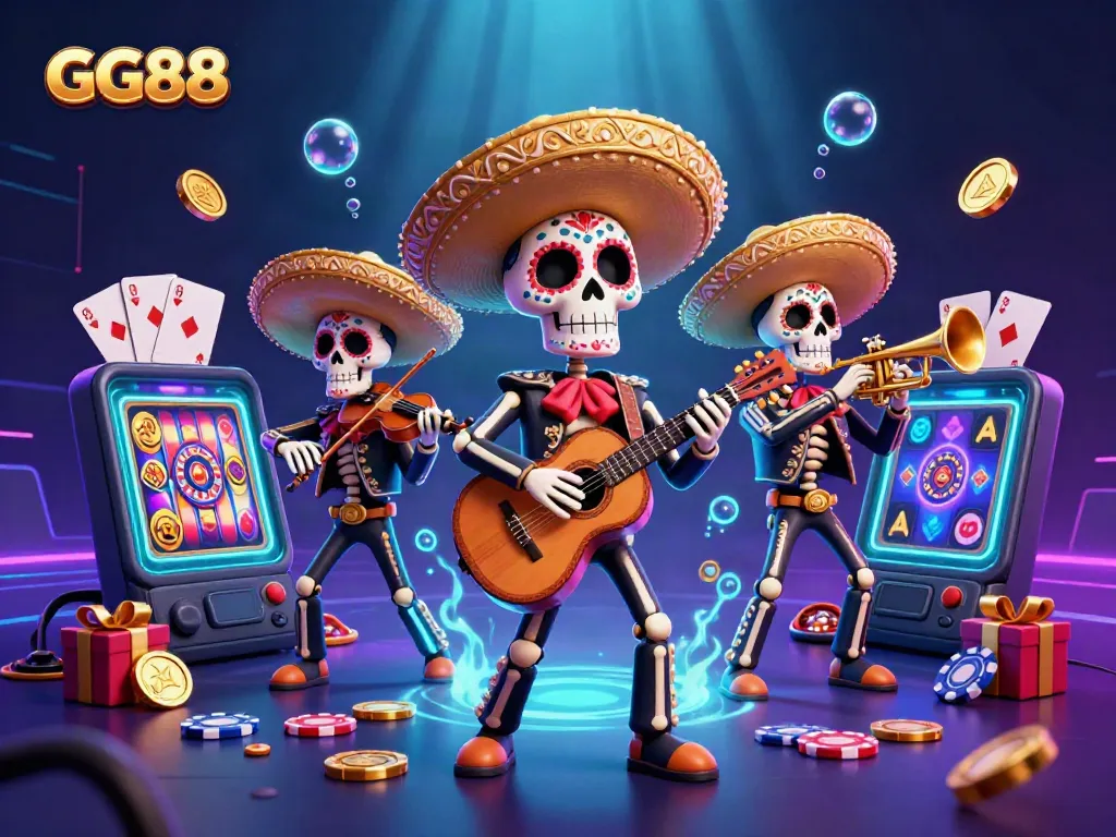 Experience gaming excitement at GG88 with a mariachi band in a vibrant online casino scene.