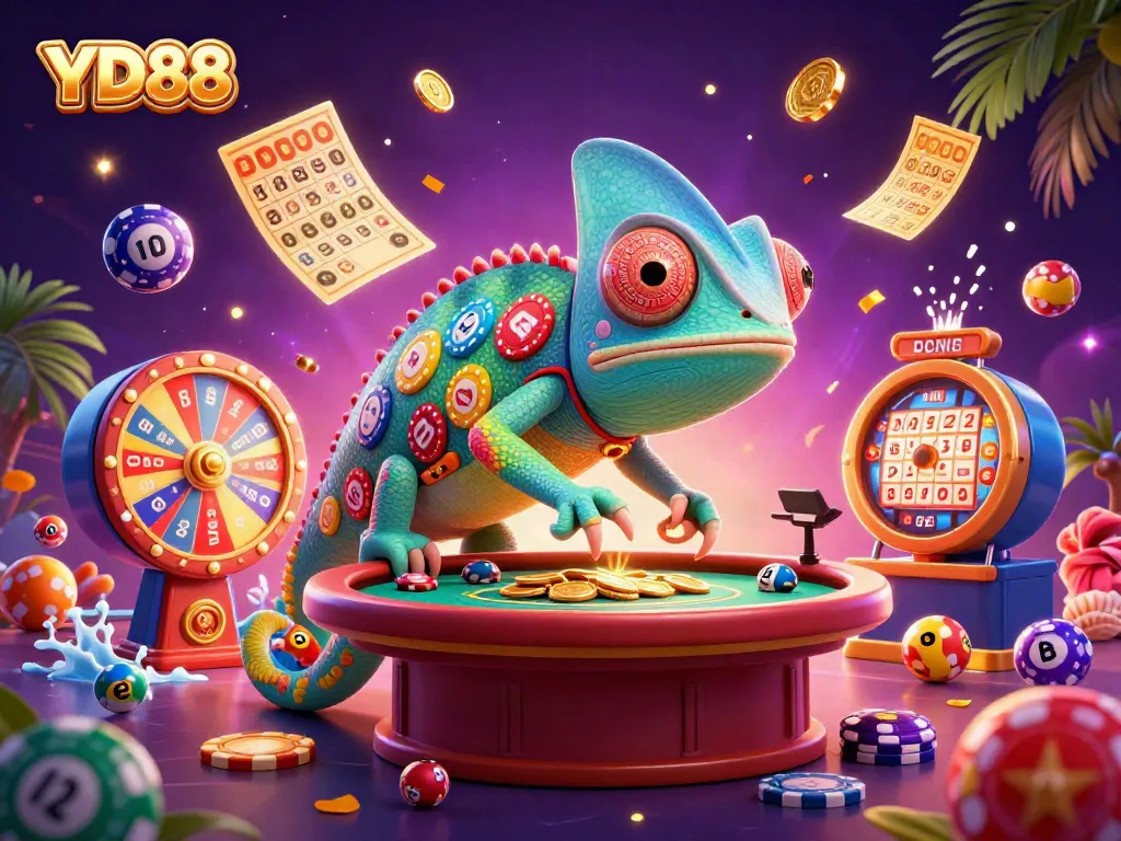 Win big with YD88 in a vibrant casino scene filled with dynamic lottery balls and prizes.
