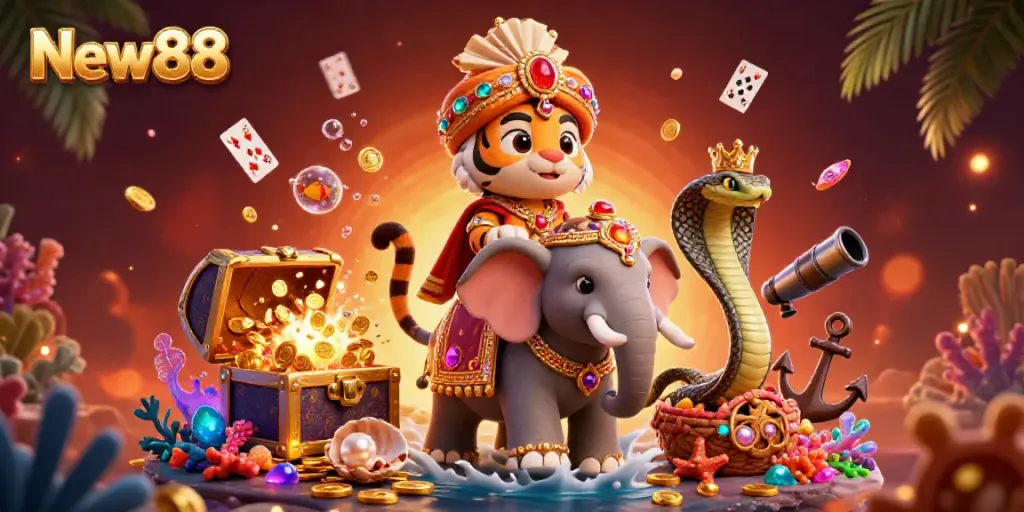 Play exciting games at New88 with a dynamic scene of a tiger maharaja and jewel-encrusted elements.
