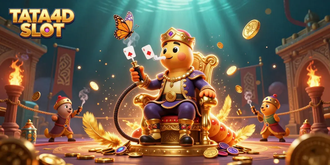 TATA4D SLOT showcases an extraordinary 3D illustration of a whimsical caterpillar smoking poker symbols amidst golden coins and jackpots.