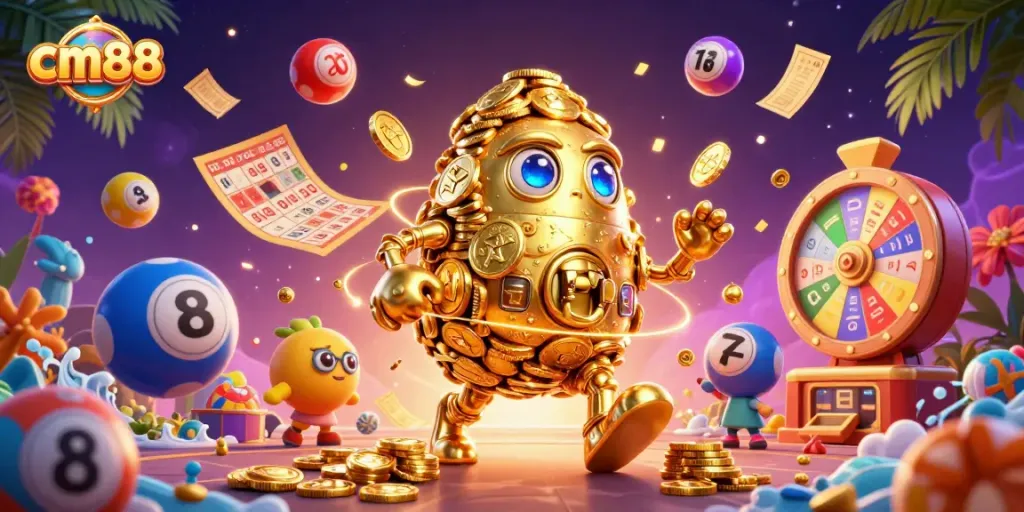 Experience cm88's vibrant casino gameplay through a dynamic golem surrounded by colorful lottery and gaming elements.