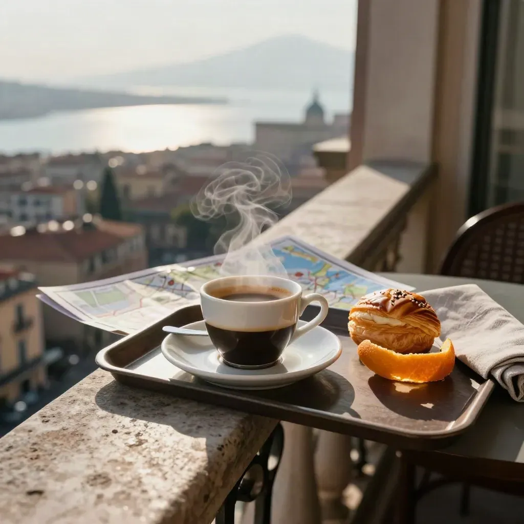 Colazione su balcone d’albergo a Napoli con espresso, sfogliatella e mare sfocato