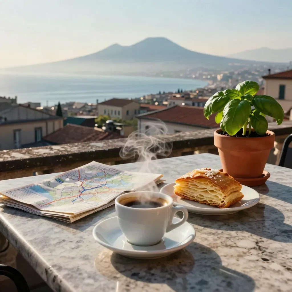 Tazzina di caffè, sfogliatella, mappa e basilico con Napoli e Vesuvio all’alba