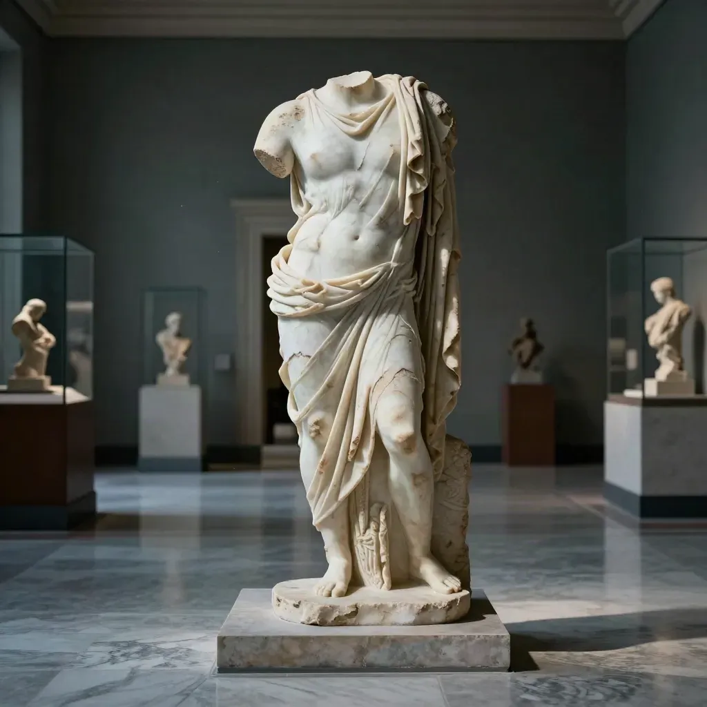 Statua marmorea antica in una sala museo luminosa, con teche sfocate e pavimento lucido.