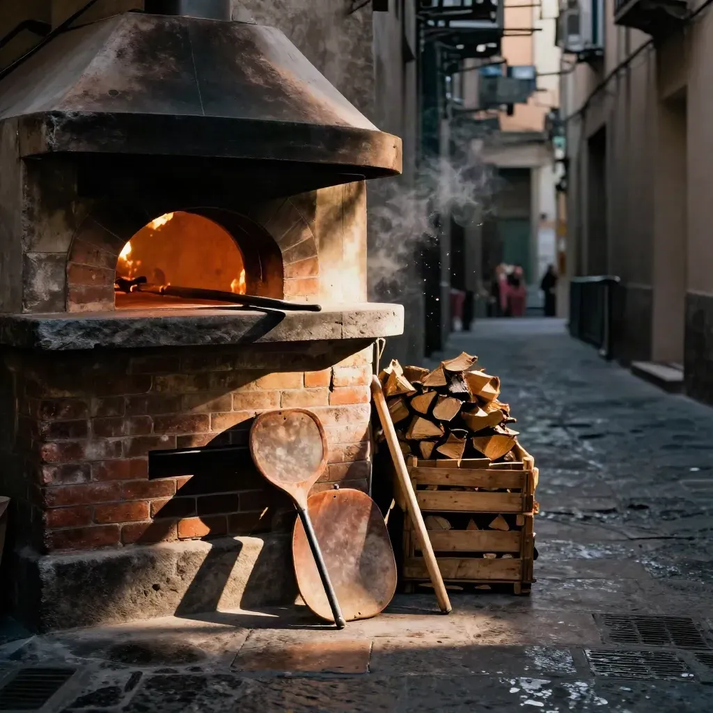 Vicolo napoletano con forno a legna acceso, pale e cassette di legno nella luce calda.