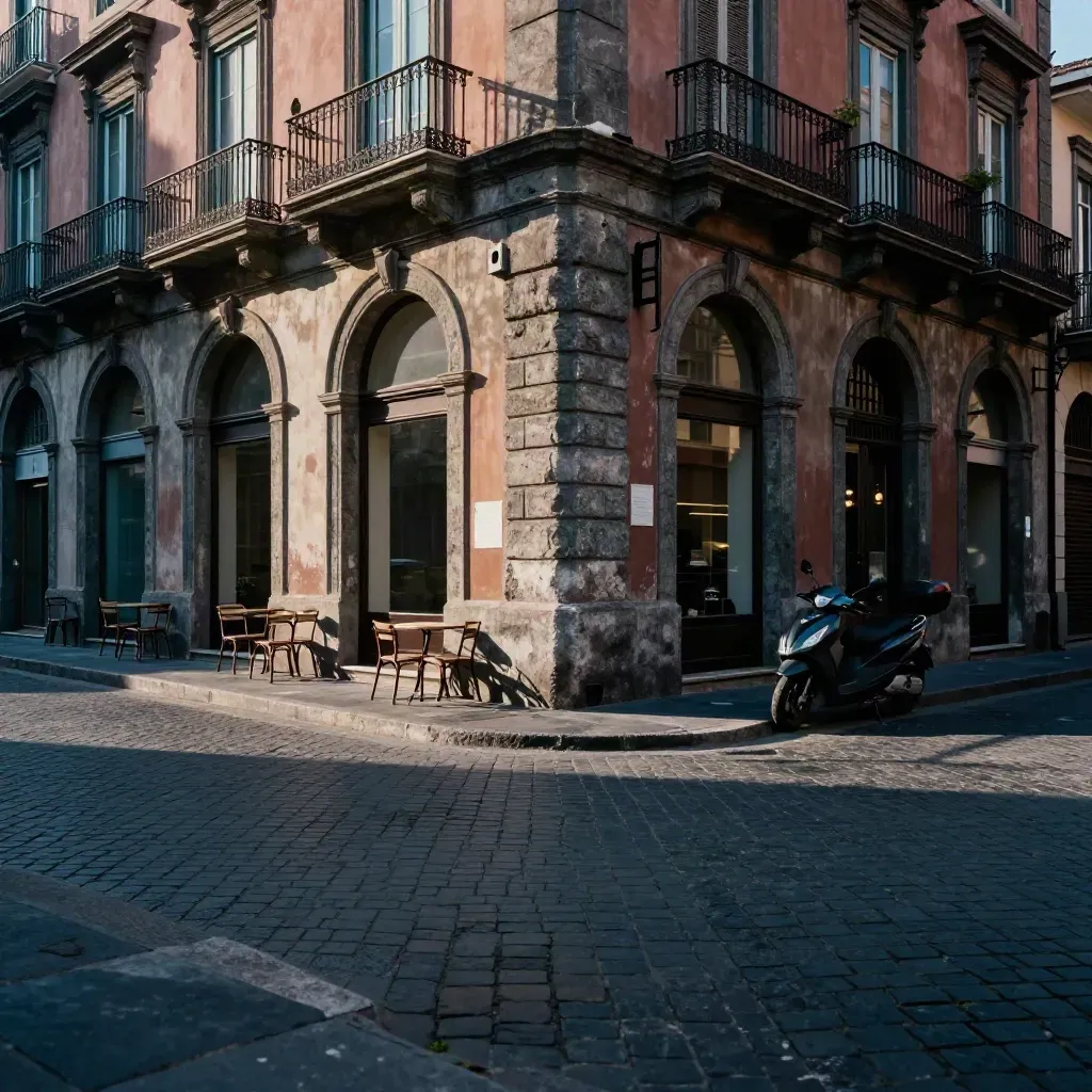 Incrocio napoletano elegante con facciate storiche, sedie vuote e scooter al tramonto